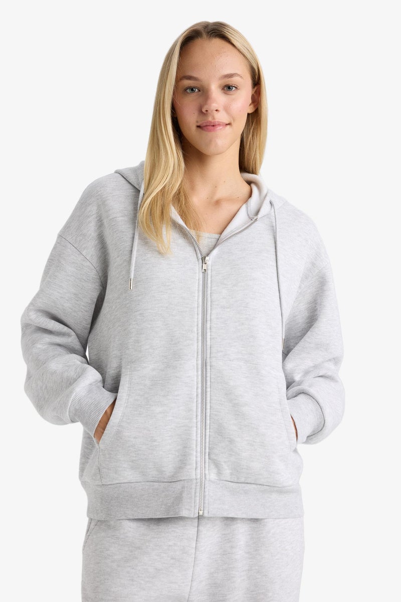DeFacto Grey Woman Relax Fit Basic Thick Fabric Zip-Up Hoodie Casual - Image 3